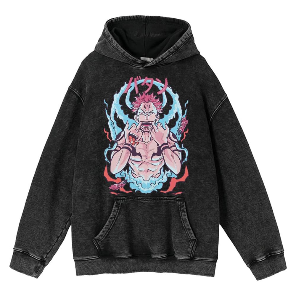 440g Heavyweight Cotton Pre-Washed Distressed Jujutsu Kaisen Satoru Gojo Anime Street Retro Streetwear Hoodie - TT8318