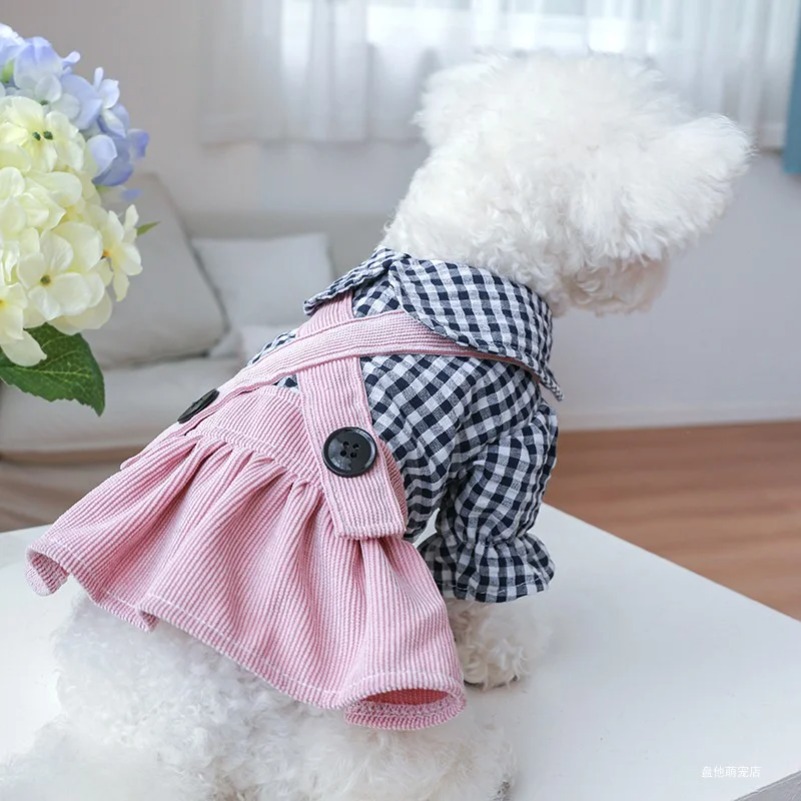 Dog Clothes Black Button Plaid Dress For Small Medium Dogs Cat Spring Summer Pet Clothing Dog Costume Supplies Skirt