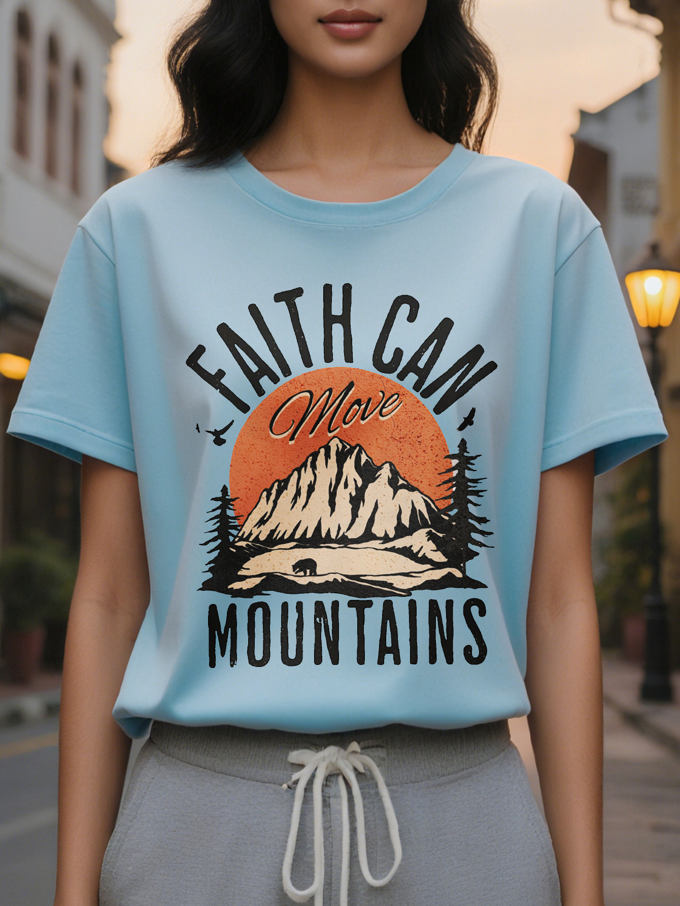 Faith can move mountains printed T-shirt casual round neck short sleeve jacket women's clothing