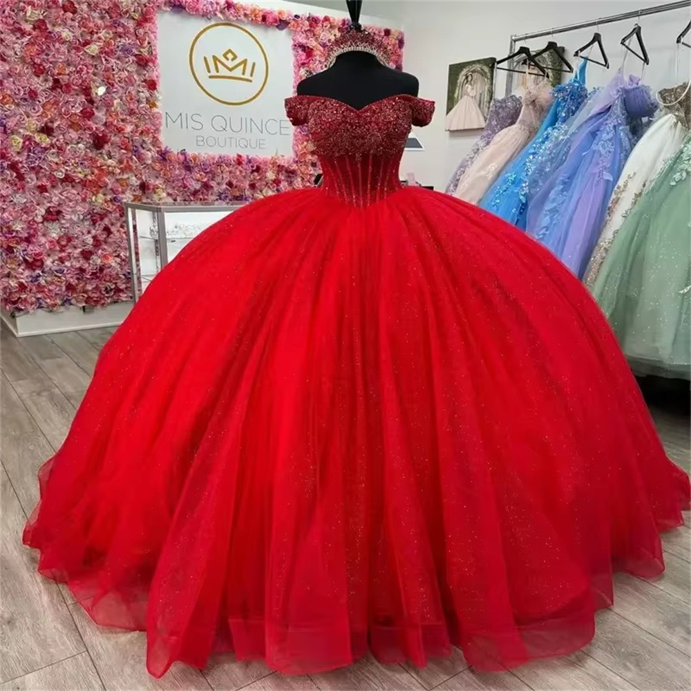 Ball Gown Quinceanera Dresses Red Glittering Off the Shoulder Beading Lace-up Plus Size Customized Sweet 15 16 Princess Birthday Party Gowns Vestidos 
