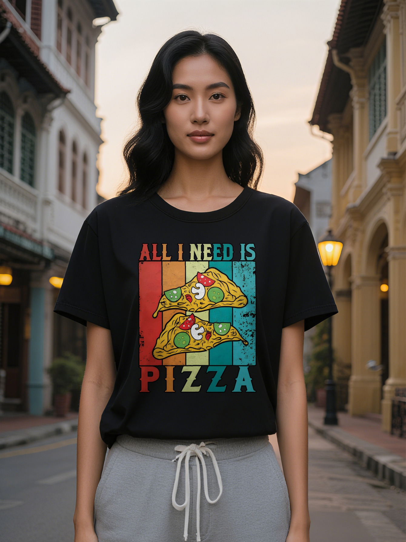 Lady Casual Crew Neck T-Shirt with All I Need Is Fun Pizza Themed Design Black Summer Essential Hine Washable
