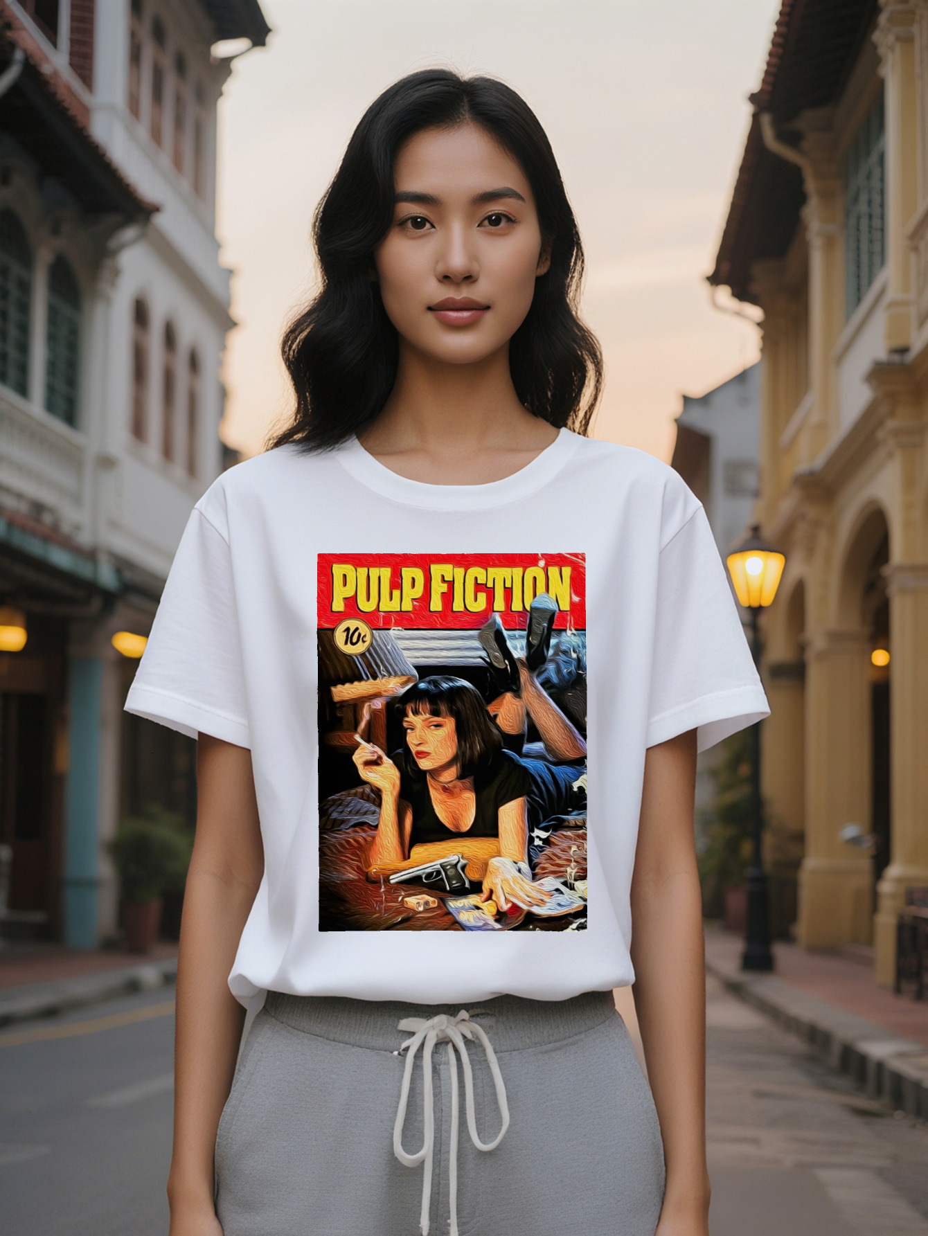 Large XL Graphic T-Shirt Pulp Fiction Art Print with Bold Yellow Text Red Background Black Round Neck Summer Tee Featuring Female Plus Size