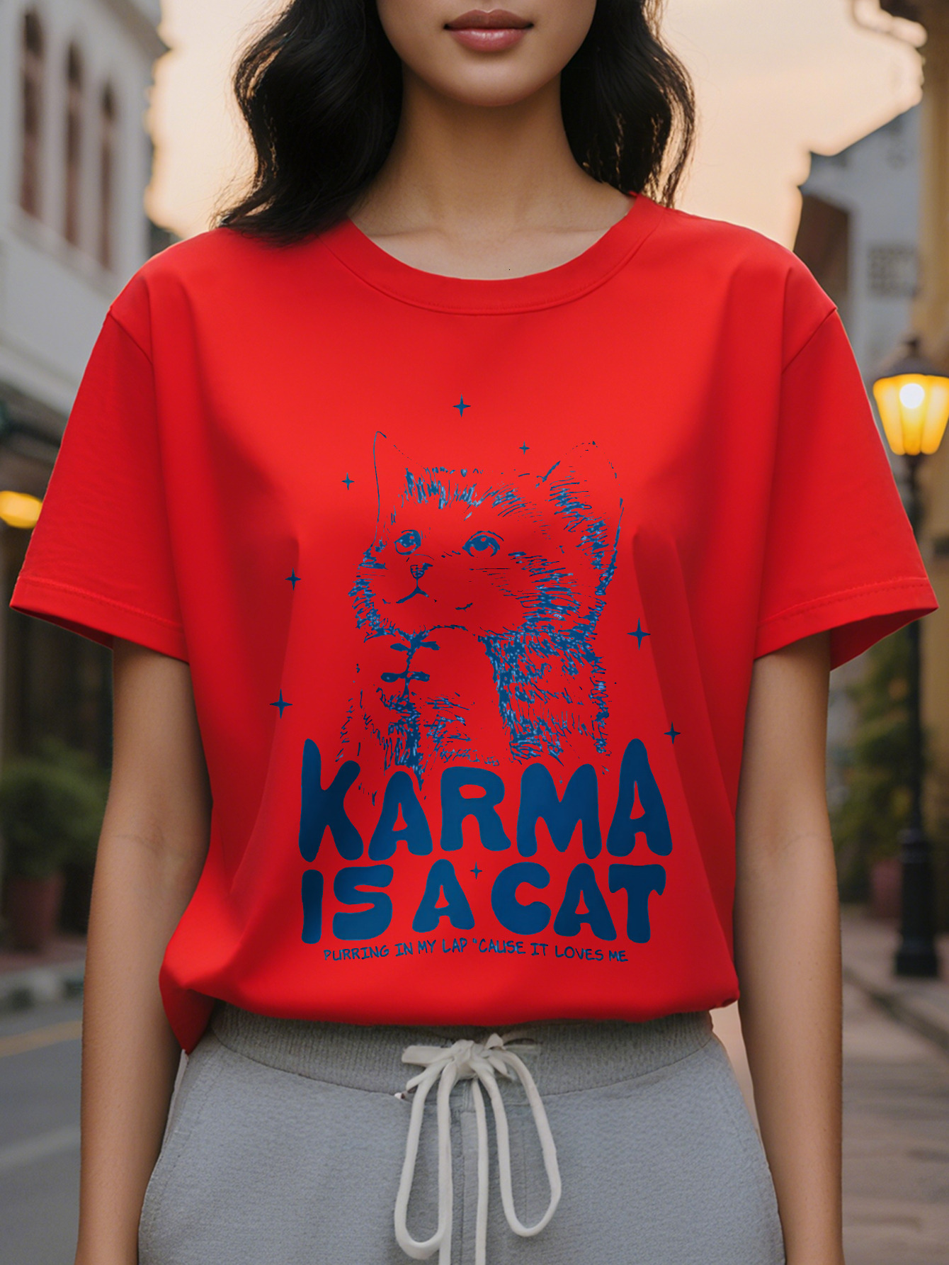 Karma is a cat print spring and summer casual short sleeve T-shirt women's clothing