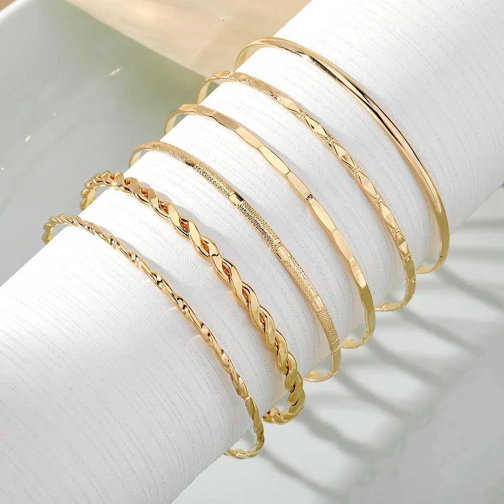 6PcsSet New Simple Gold Color Multilayer Bracelet Set for Women Rhomboid Twist Smooth Surface Bangle Jewelry Party GiftXJ250904