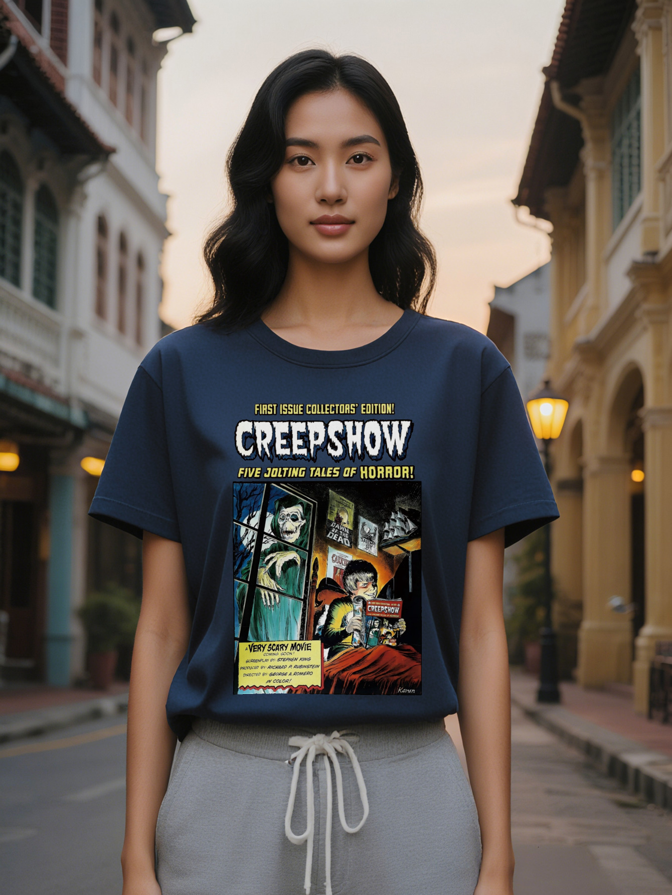 Large XL Lady Graphic T-Shirt Creepshow Five Jolting Tales Collection Casual Crew Neck Tee with Spooky Poster Design Perfect Plus Size