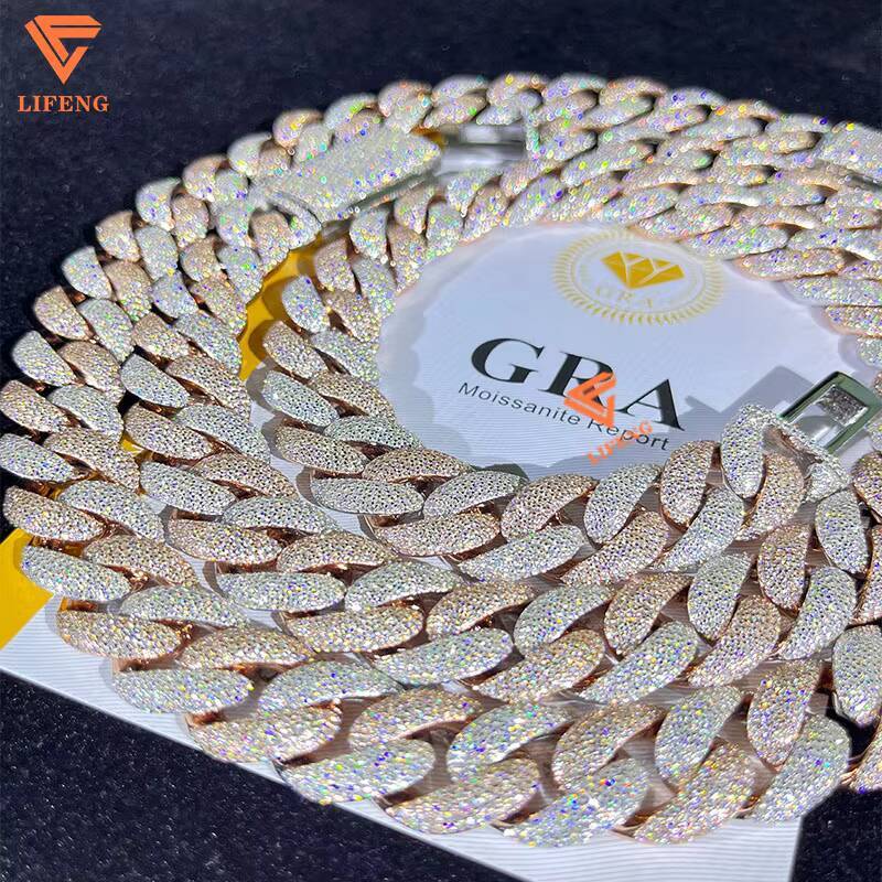 Lifeng Jewelry 18mm TwoTone Cuban Link Chain VVS Moissanite Bubble Hiphop Pass Diamond Tester Sterling Silver Cuban Necklace