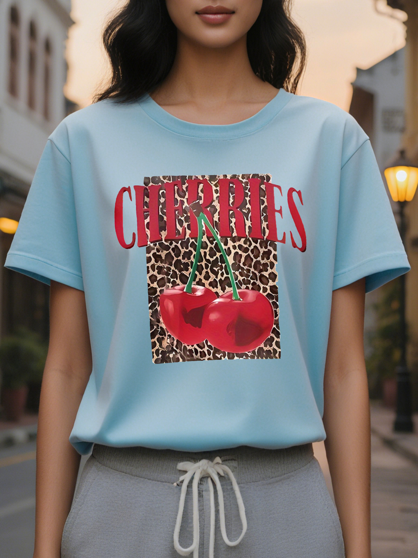 CHERRIES American Style Printed Pattern Fashion Round Neck Short Sleeve T-shirt Spring and Summer New Slim Fit Slimming