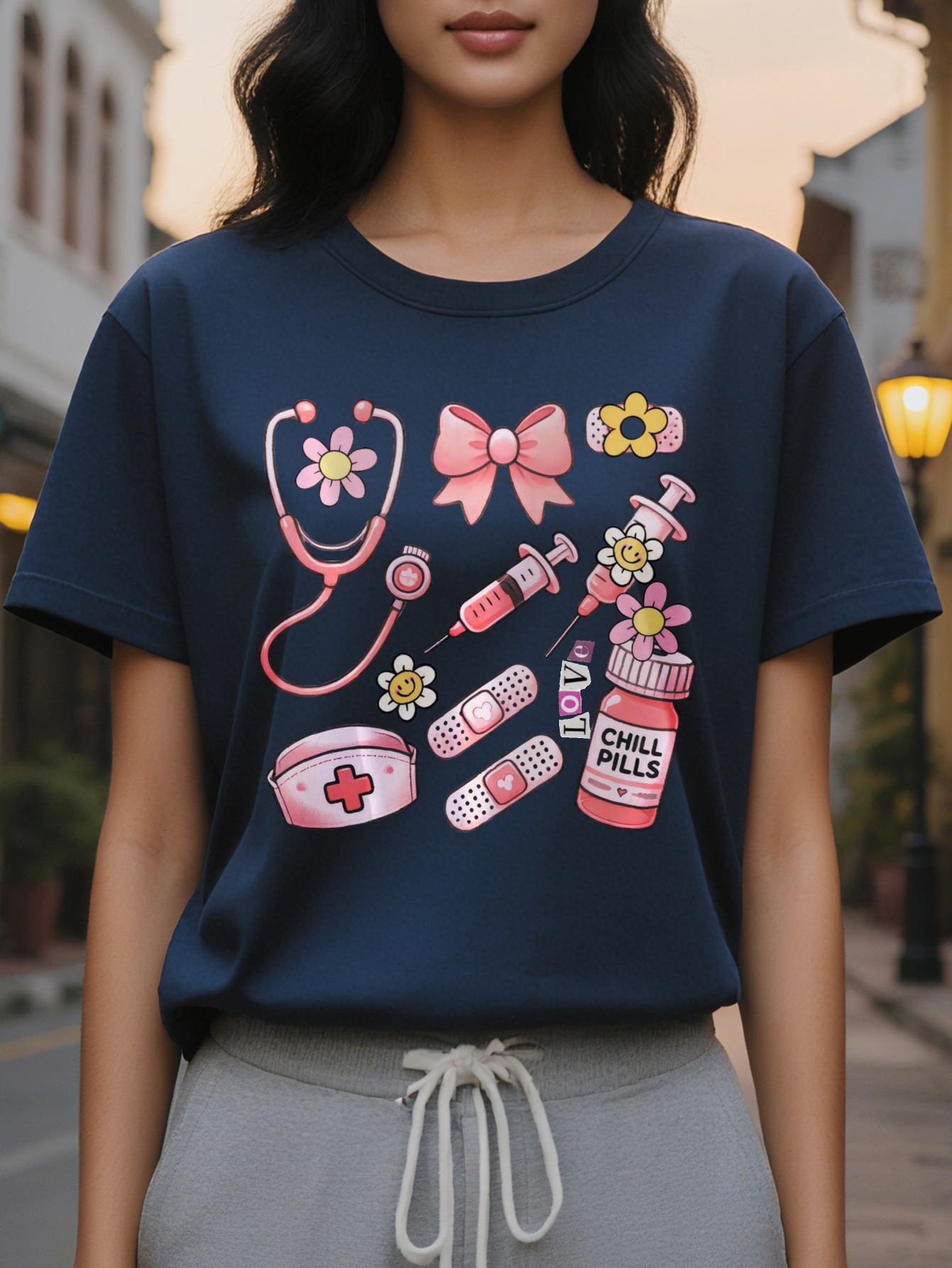 Women's nurse-themed short-sleeved T-shirt with floral print and the word NURSE, elastic round neck casual top for spring