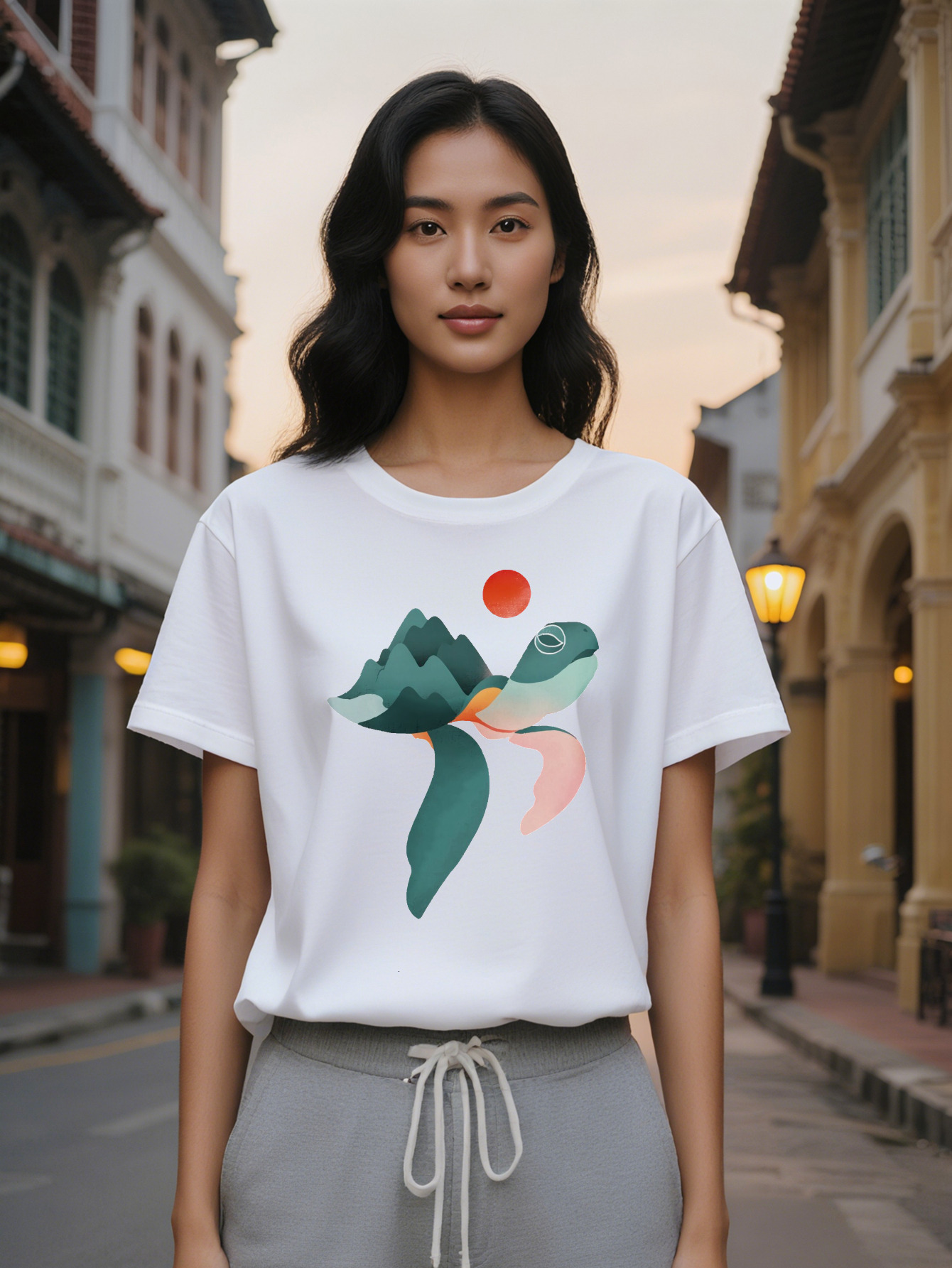 Large XL Women's Casual Graphic Tee Black Round Neck T-Shirt with Stylish Mountain Whale Design Perfect Gift for Women Summer Plus Size