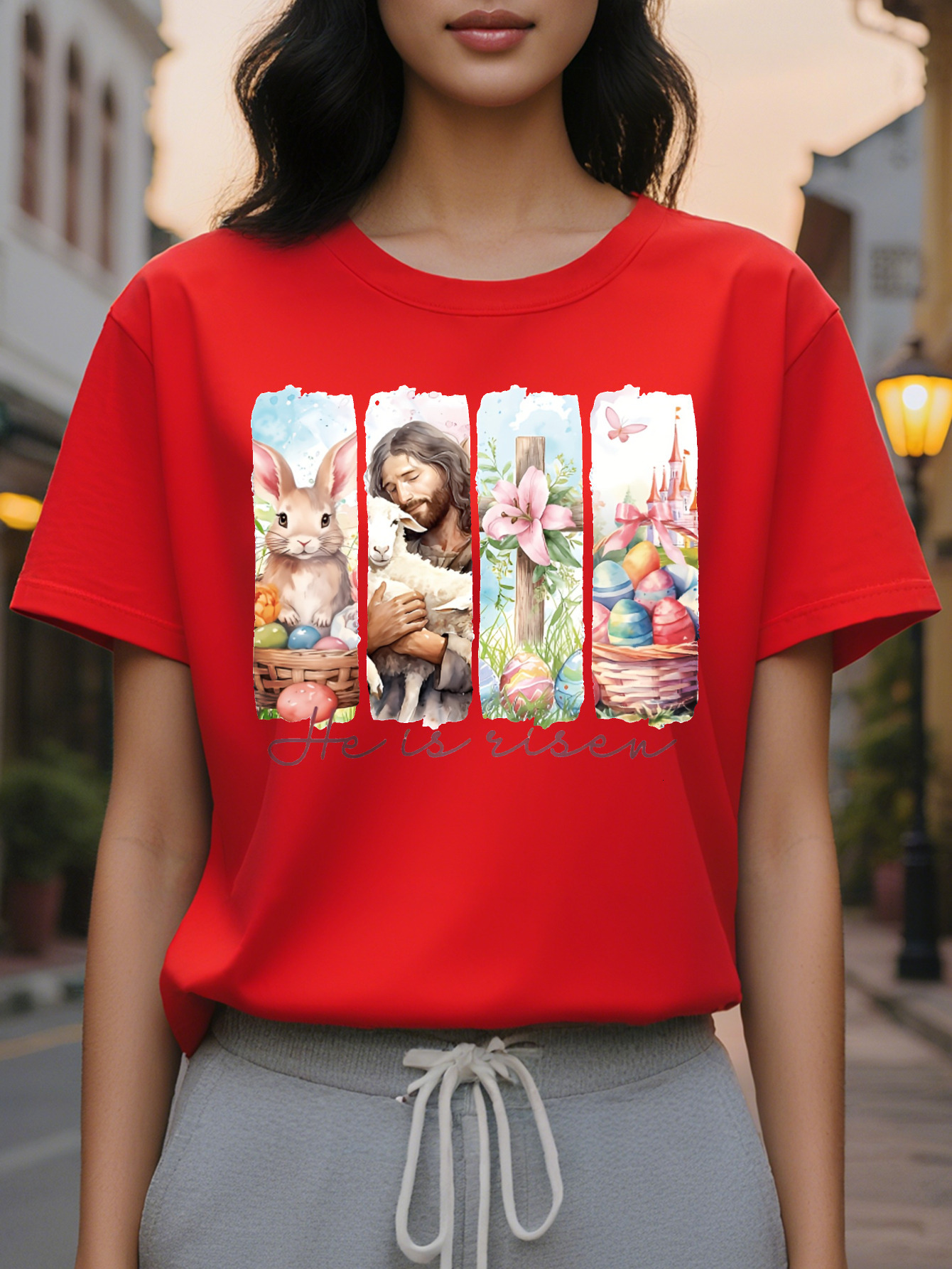 Large XL Women S Bunny Graphic T-Shirt He Is Risen Faith Design with Jesus Rabbit Silhouette Light Blue Casual Short Sleeve Plus Size
