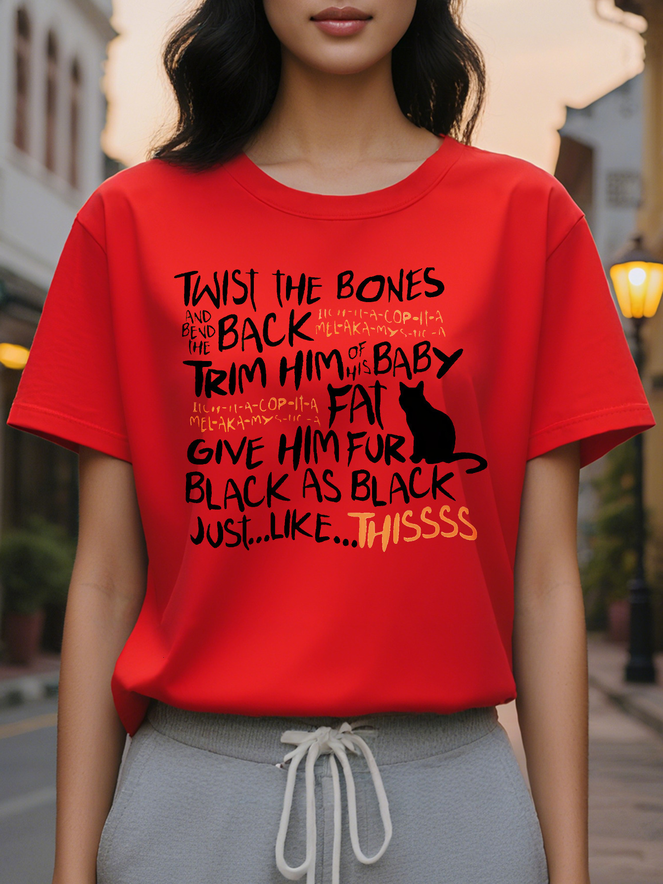 Large XL Women S Crew Neck T-Shirt with Playful Cat Print Twist Bones and Back the Funny Design Short Sleeve Cotton Perfect Plus Size