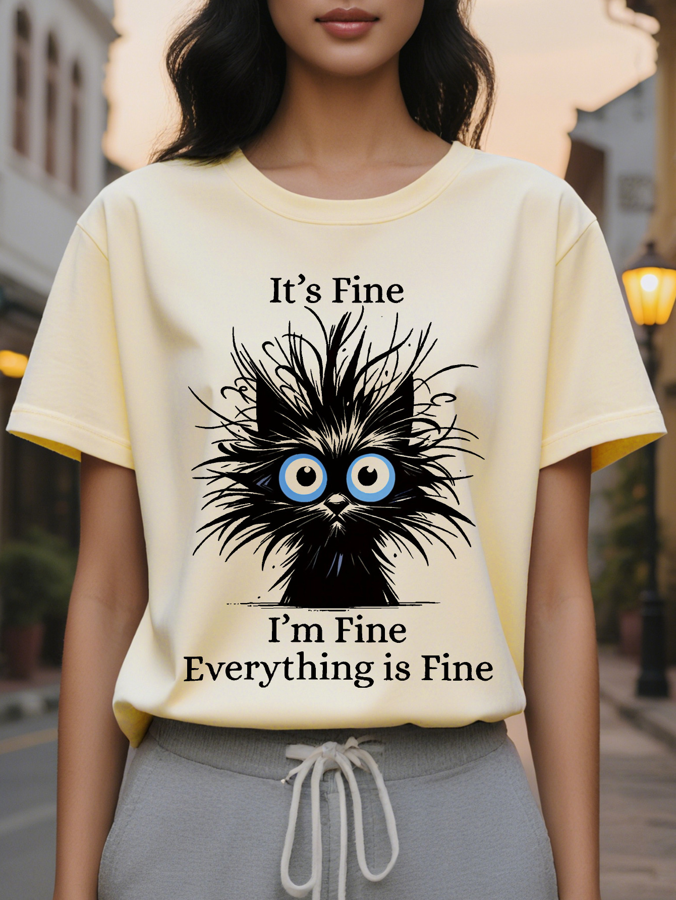 Large XL Women's Light Blue Casual Short Sleeve T-Shirt It's I'm Everything Is Fine Sarcastic Graphic Print Round Neck Summer Plus Size