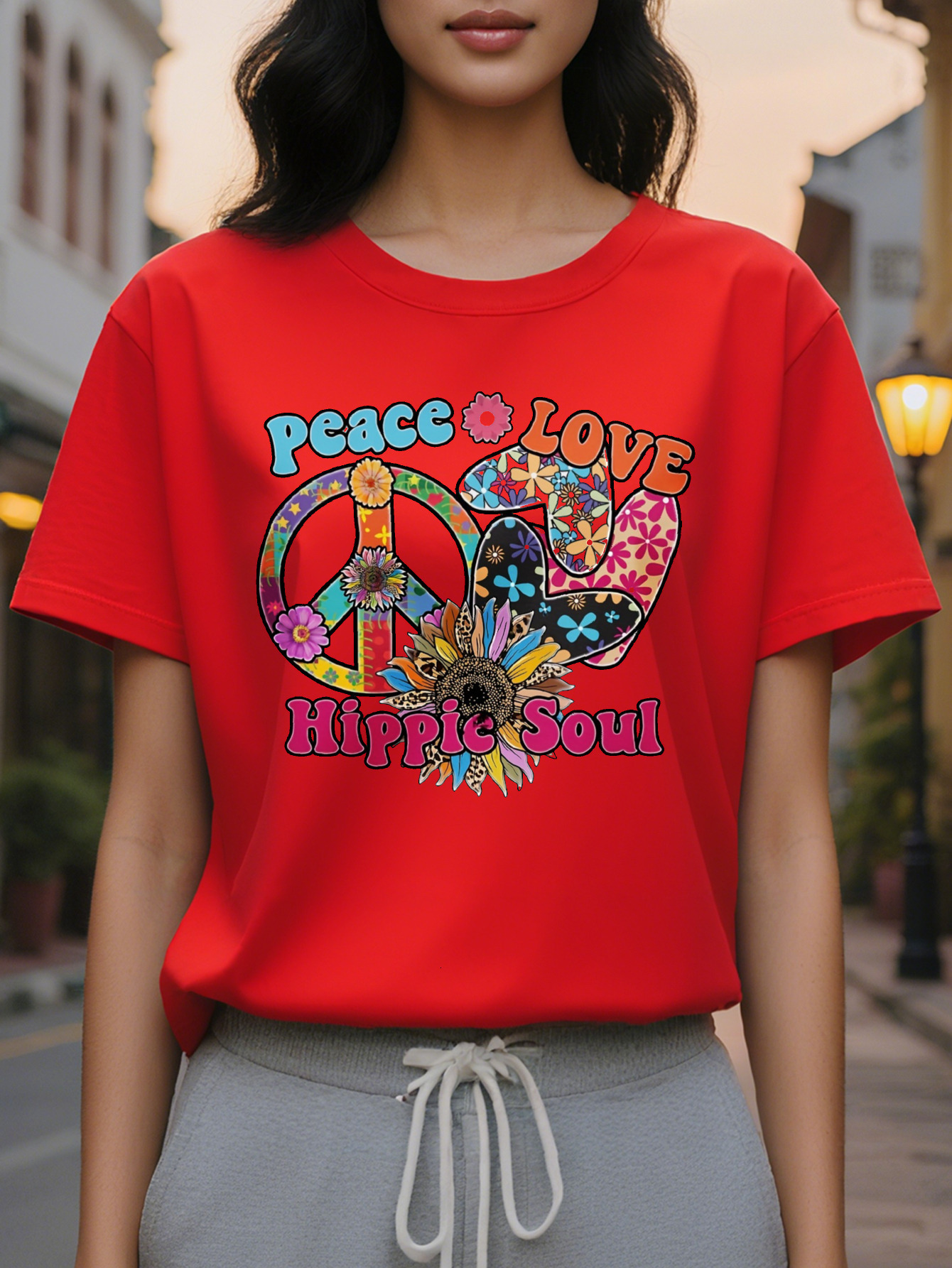 Women s Peace Love Hippie Soul T Shirt Retro Psychedelic Print Short Sleeve Round Neck Summer Casual Top, washable