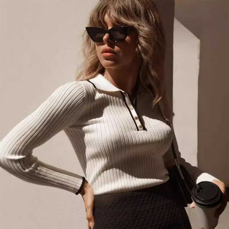 Talenza Autumn Knitted Pullover Womens Long Sleeve Patchwork Sweater Top Tight Bottoming Colorblock Lapel Knitted Pullover Top M250904