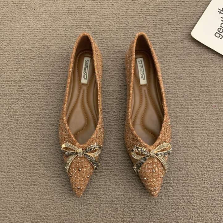 Rhinestone Bow Flat for Women 2025 Spring Autumn Designer Shoe New Pointed Toe Shallow Mouth Commuter Grandma Shoes