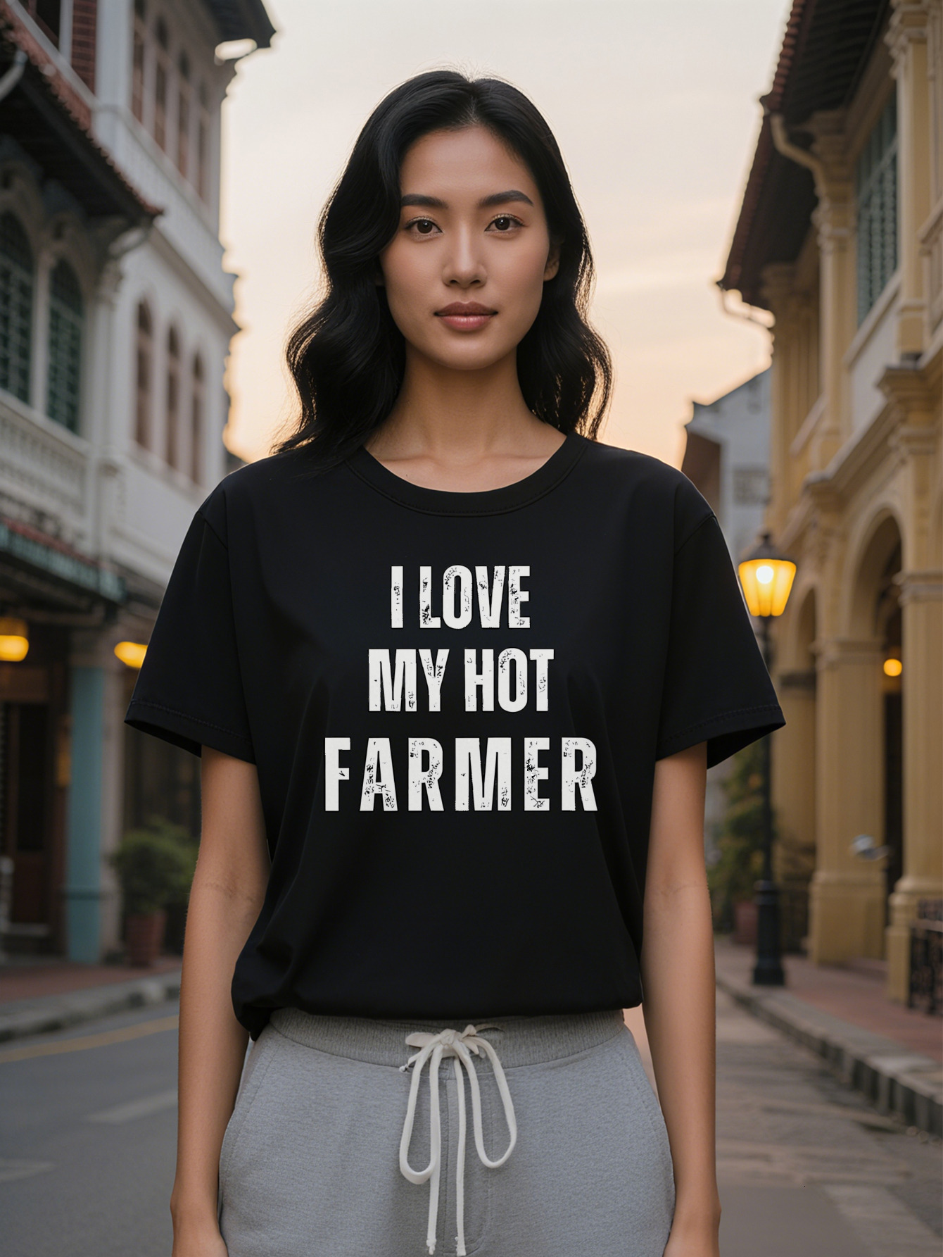 Large XL Women's Casual Graphic T-Shirt with Distressed I LOVE MY HOT FARMER Print Black White Vintage Lettering Round Neck Plus Size