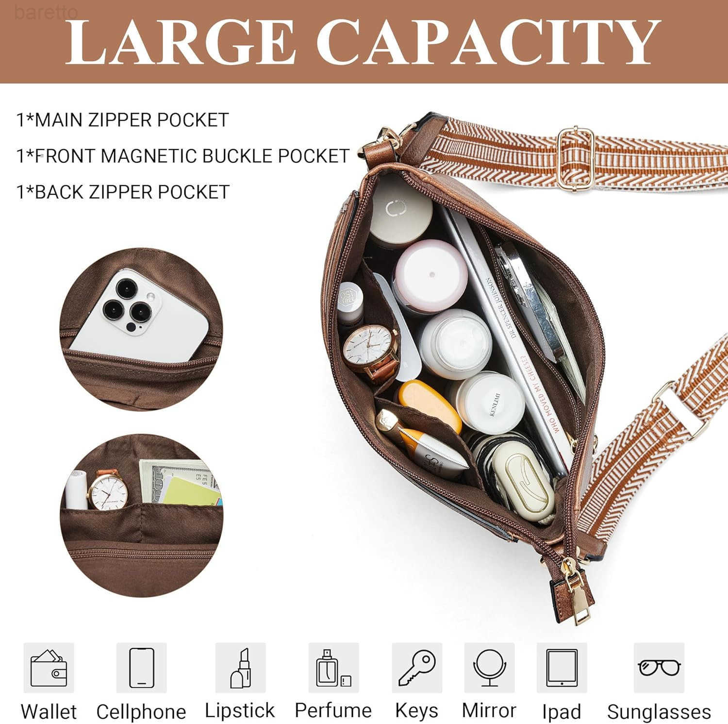 Crossbody Bags for Women Vegan Leather Hobo Purses Travel Shoulder Handbags with Detachable Wide Guitar Strap M250904