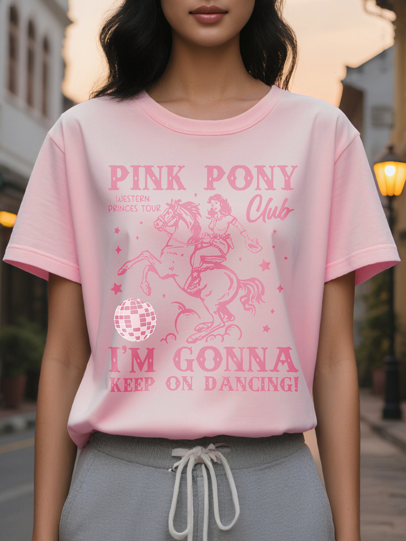 Large XL Western Princess Tour Graphic Tee Pink Pony Club Women's Casual Crew Neck Short Sleeve T-Shirt with I'm Gonna Keep Plus Size