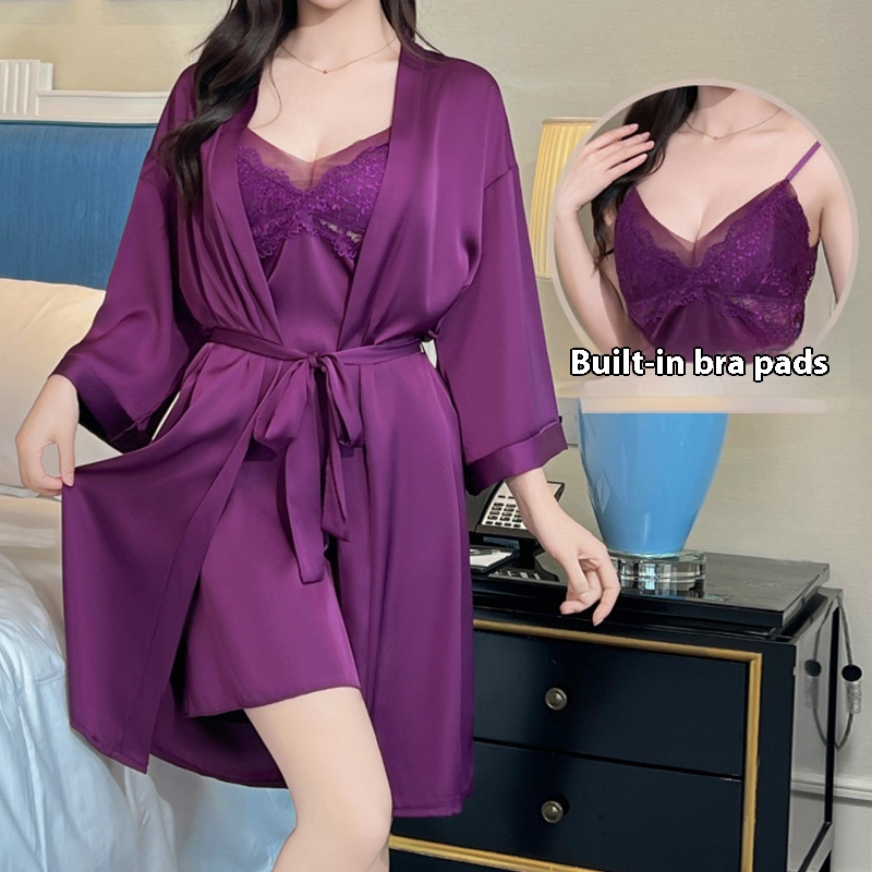 Luxury 3 - Piece Purple Satin Sleepwear Set Nightgown with Lace Detailing Robe and T - pants for Women Comfortable and Elegant Nighttime Wear