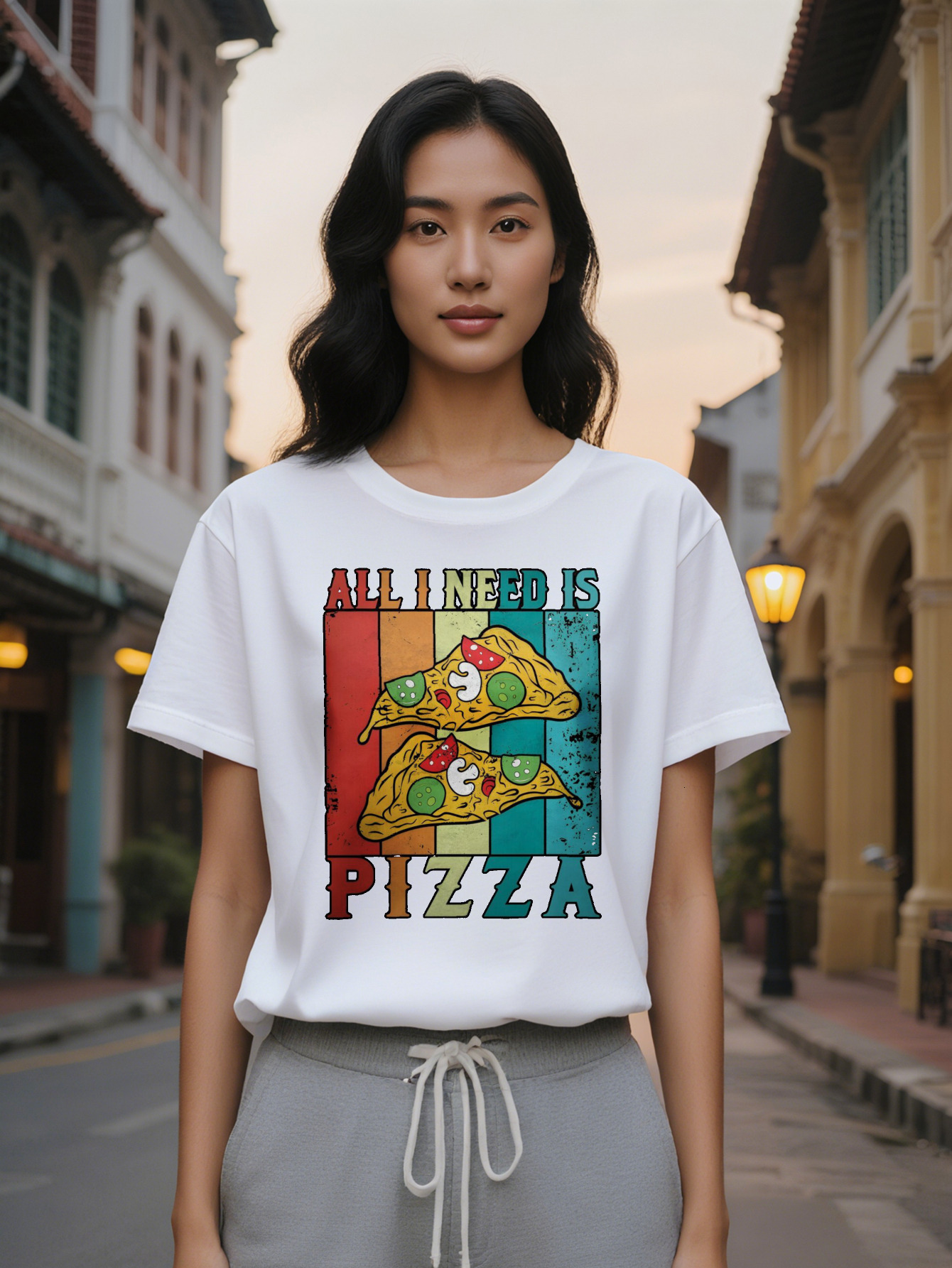 Lady Casual Crew Neck T-Shirt with All I Need Is Fun Pizza Themed Design Black Summer Essential Hine Washable