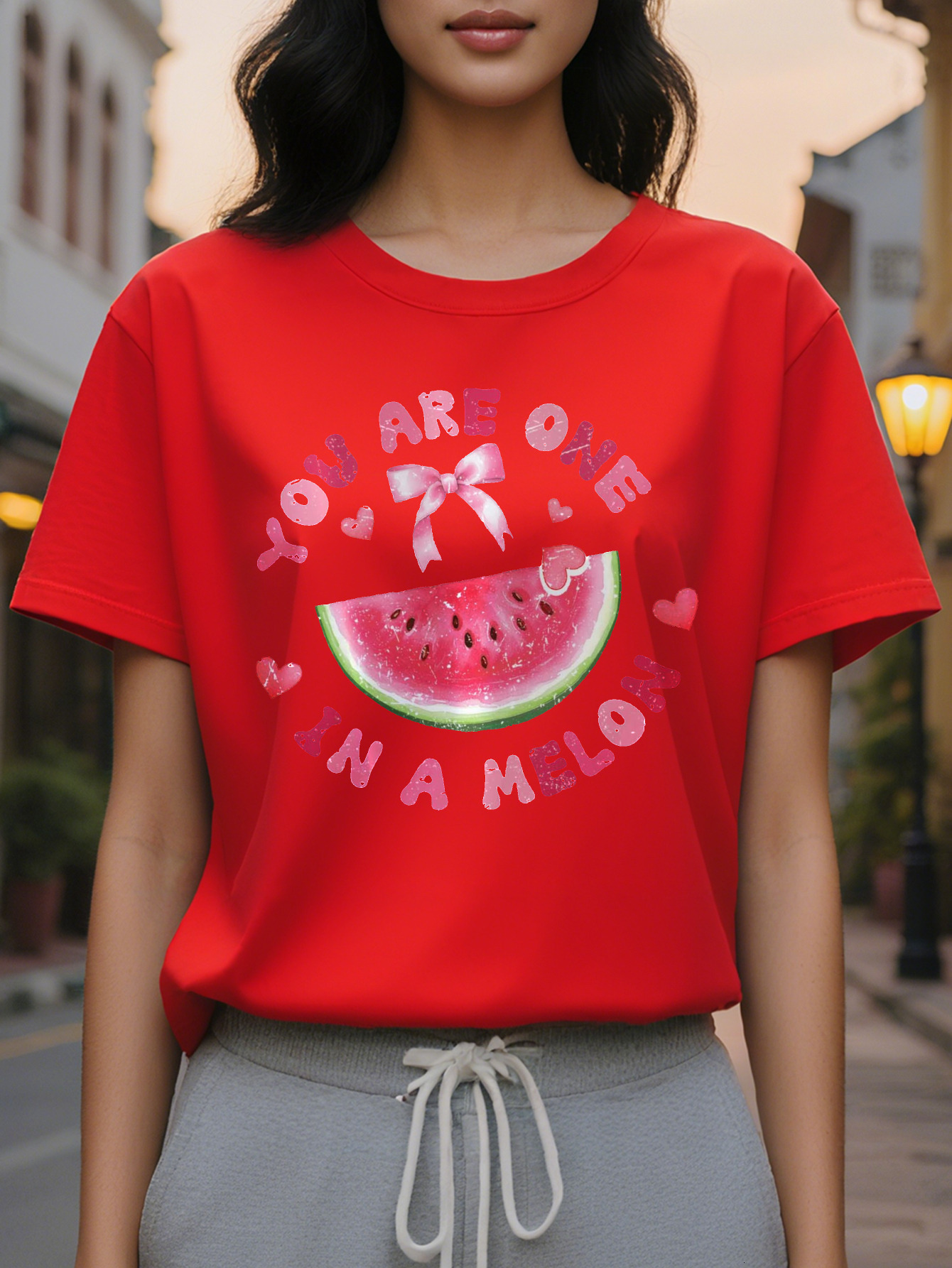 Ladies, you are unique pattern T-shirt with a funny watermelon love design, soft elastic round neck casual