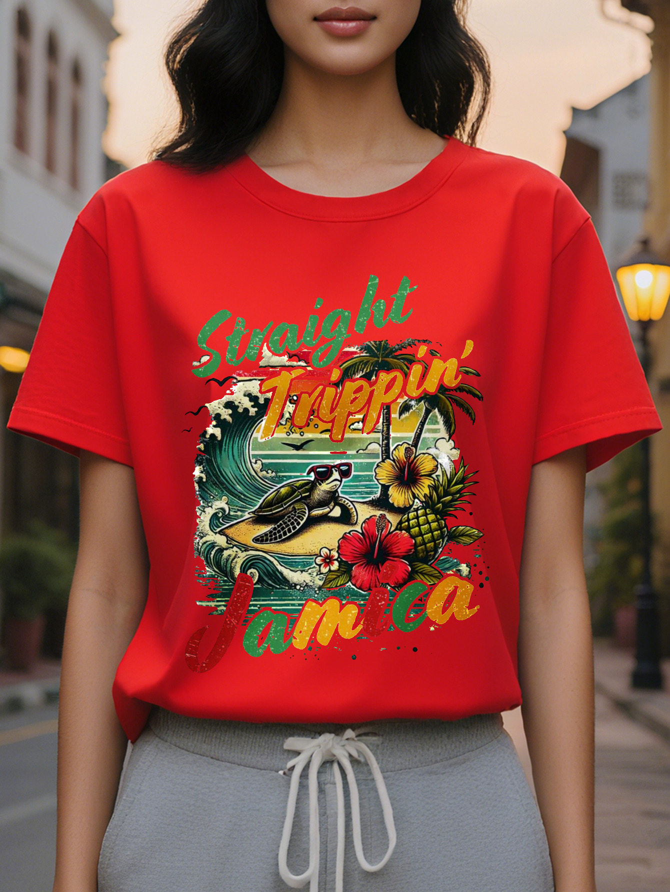 Women's elegant cuffs T-shirt, white tropical print with Straight Outta Taino Jamaica palm tree and wave design