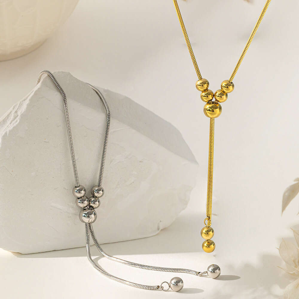 Japanese Korean Minimalist Style Gold and Sier Round Bead Adjustable Design Necklace High-end Long Sweater Chain