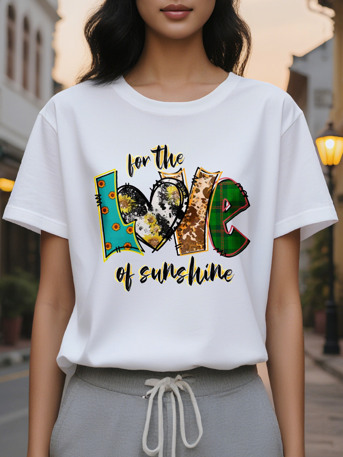 Women's White T-shirt Color for Love of the Sun Pattern Short Sleeves Round Neck Casual Summer Top Fun Design