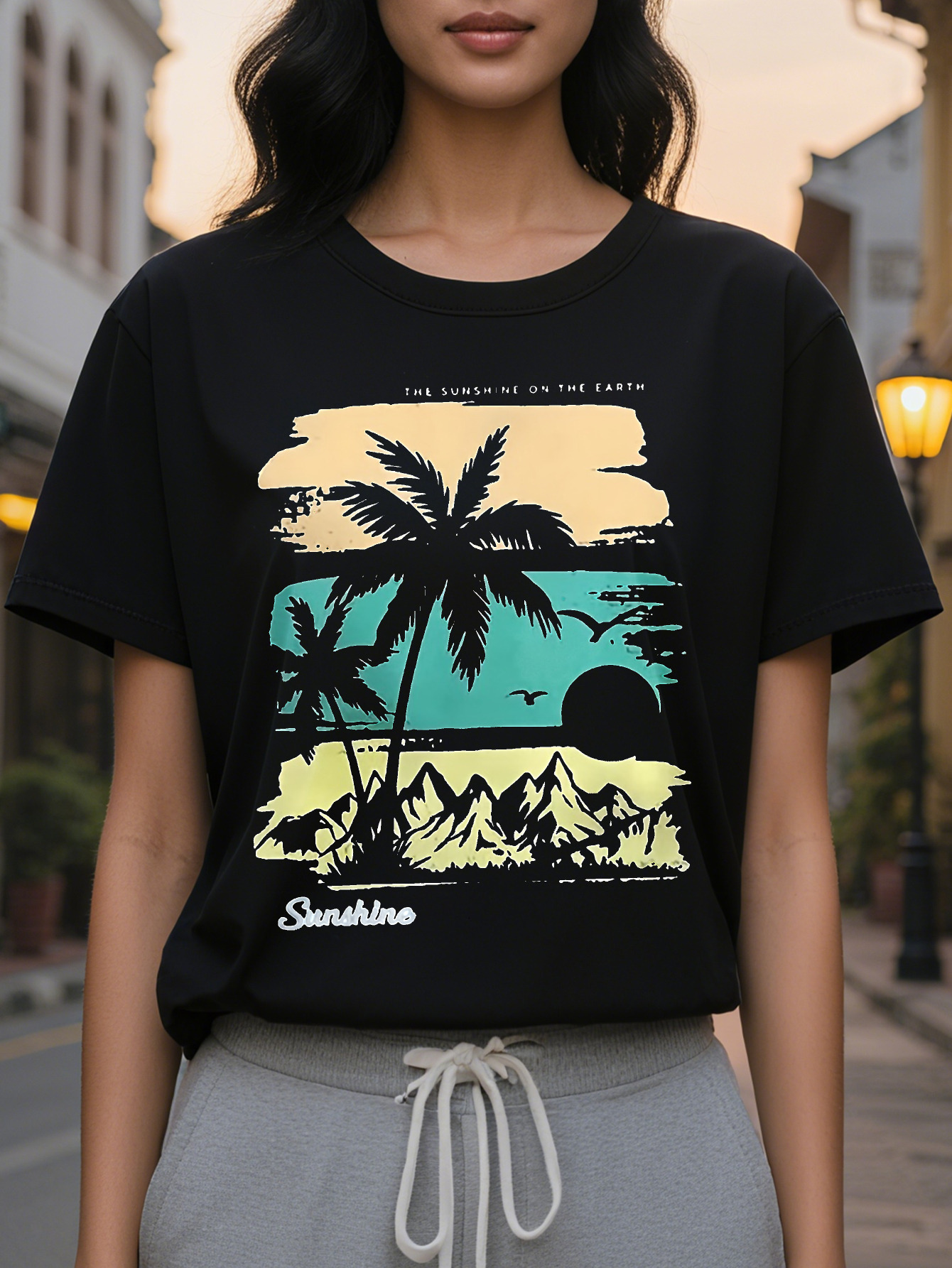 Women S Tropical Palm Tree Print Sleeveless Dress Casual Summer Style with SUNSHINE Graphic Black Round Neck