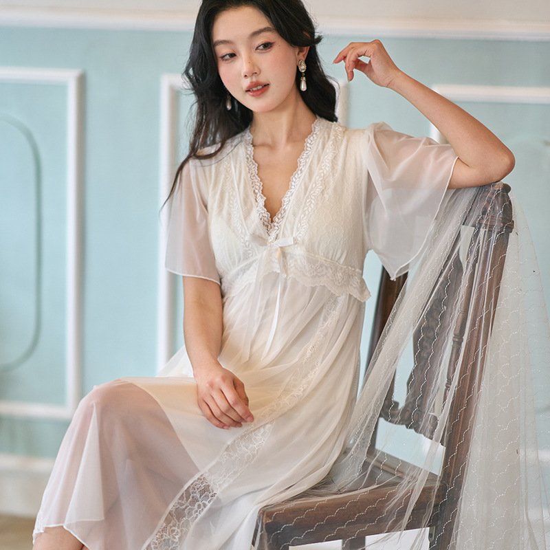 T24280 Lace Nightdress Women's Summer Thin Style Age-reducing Girls Home Short-sleeved Pajamas