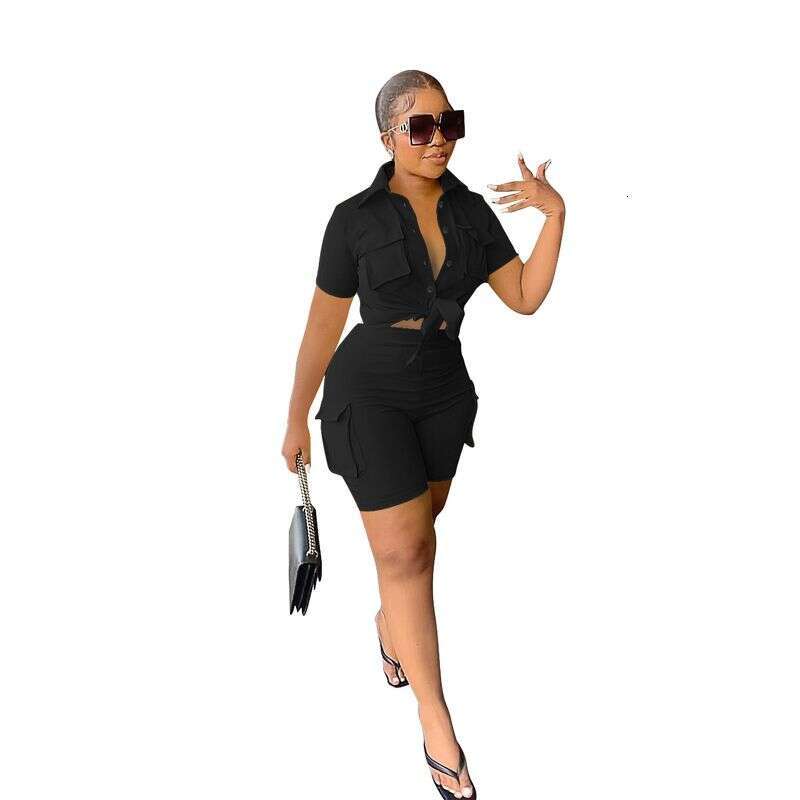 Women's Clothing New Urban Style Shirt Short Sleeve Shorts Solid Color Two-Piece Set