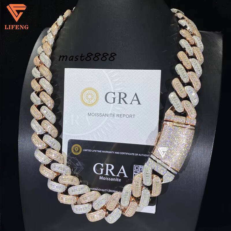 VVS Iced Out Gra Two Stone Mossanite 26mm Baguette Cut Cuban Chain Moissnaite Cuban Necklace 925 Silver Miami Link Chain for Men