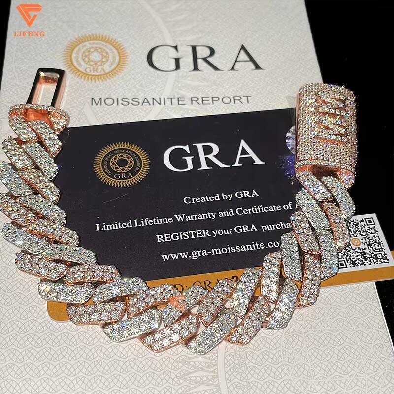 Two Tones Silver Rose Gold 14mm Moissanite Cuban Link Bracelet Hip Hop 925 Silver Bold and Durable Men Women Chain
