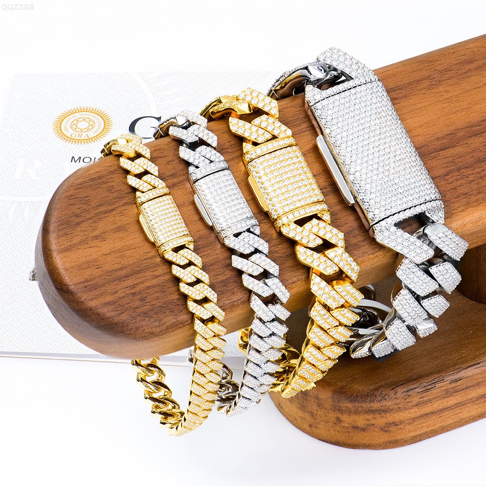 Hip Hop S925 Silver Bracelet VVS1 Moissanite Iced Out Cuban Chain 2Rows Jewelry for Gifts