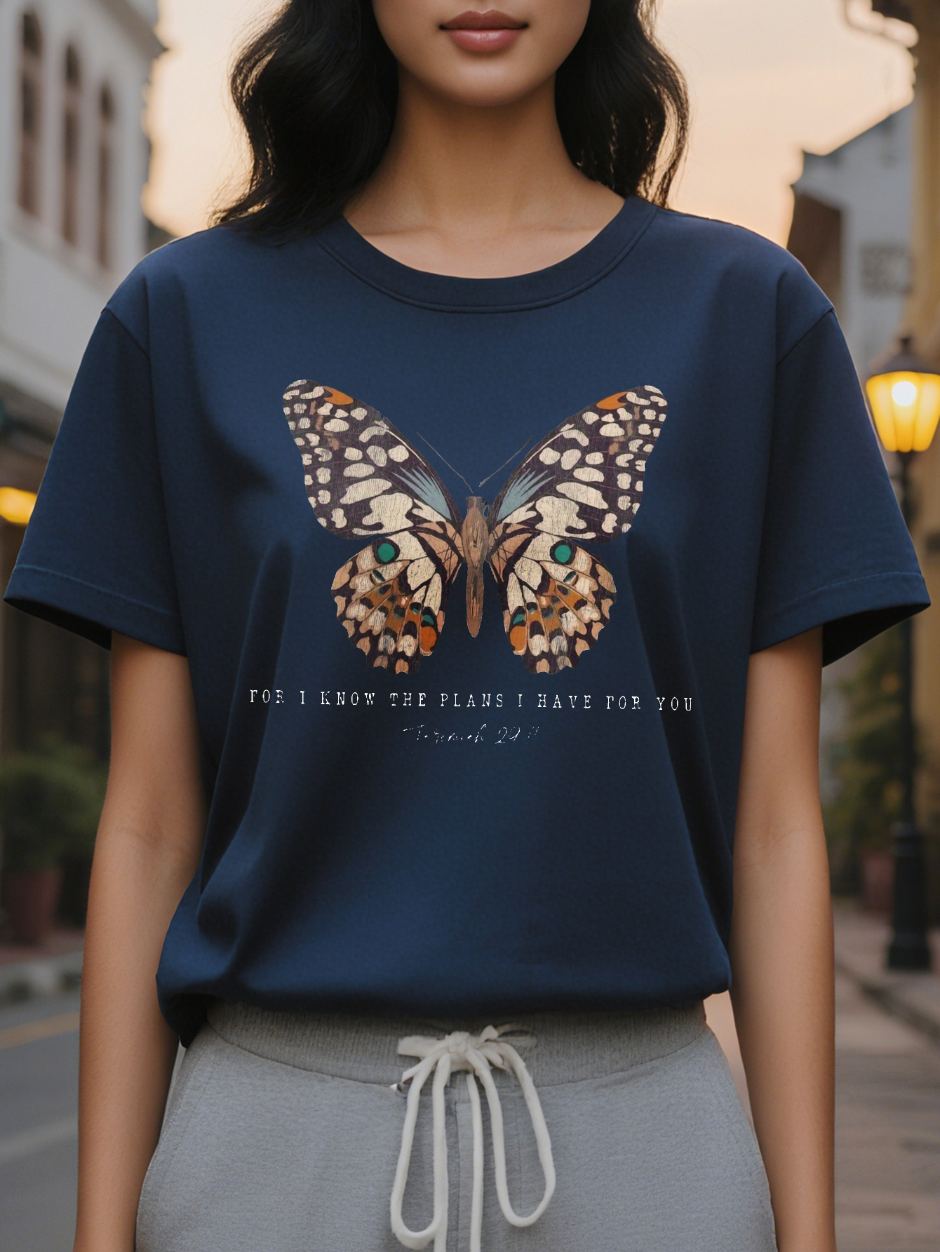 Vibrant Women's Casual Crew Neck T-Shirt Inspirational Butterfly Graphic Uplifting Scripture Verse Soft