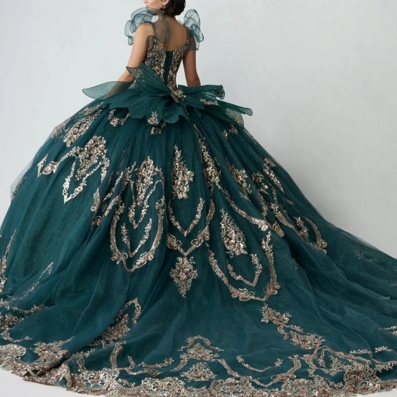 Blackish Green Shiny Quinceanera Dresses Ball Gown Off The Shoulder Applique Lace Bow Beading Crystal Party Tull Sweet 16 Dress Vestidos 15 De Anos