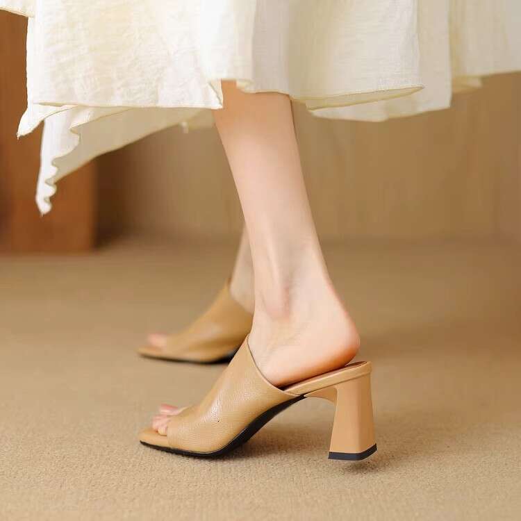 Sheepskin Version ~ French Style Elegant for Women Squ Minimalist High Heels Open Toe Chunky Heel One Designer Shoe Strap Sandals