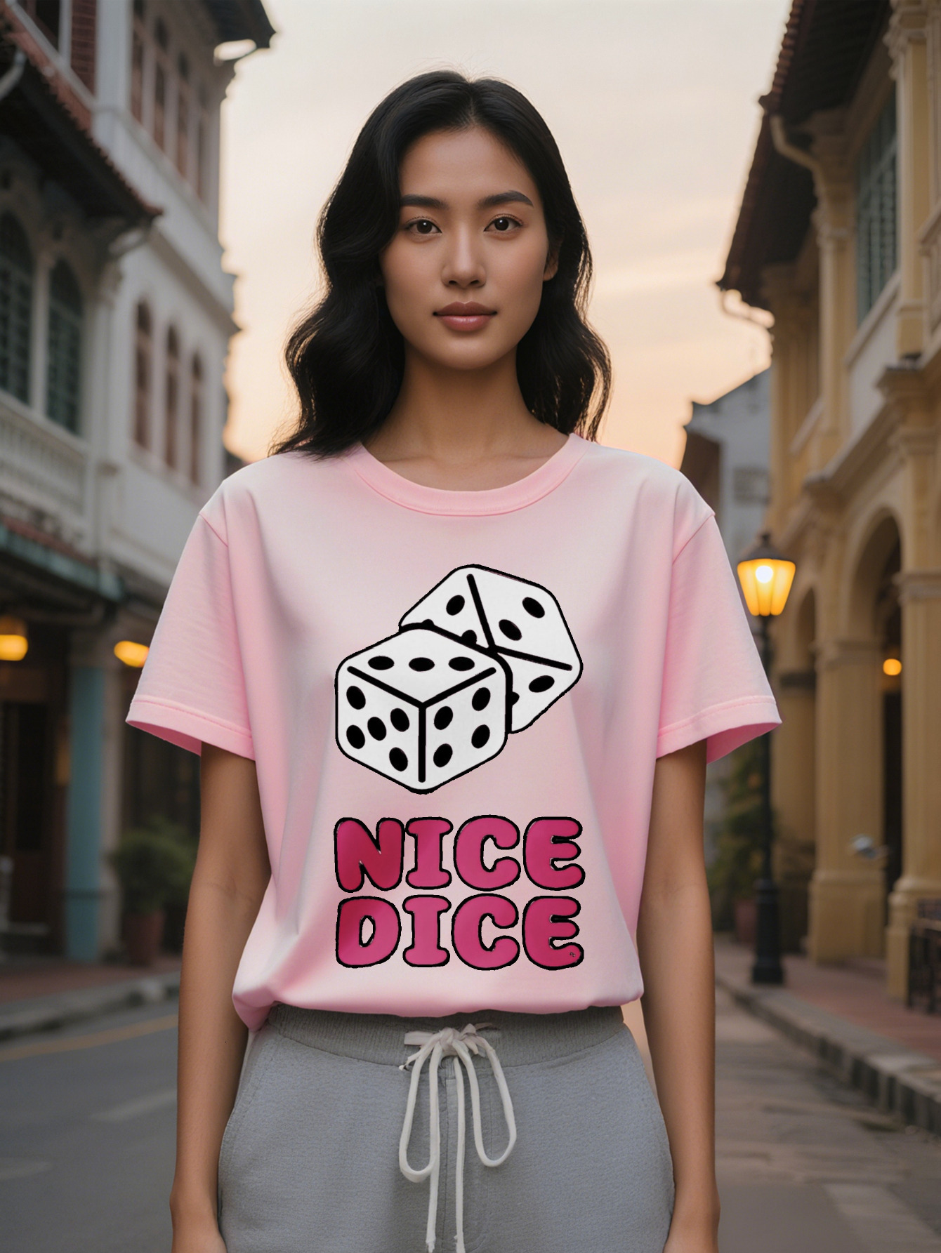 Large XL Women's Casual Graphic T-Shirt Bold NICE DICE Print Dice Design Black with White Pink Lettering Round Neck Summer Tee Plus Size