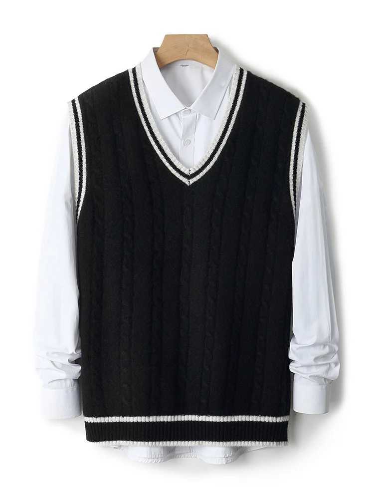 Chic Preppy Style Mens Pullover Vest Autumn Winter 100 Merino Wool Sleeveless Knitwear Thick VNeck Casual Sweater WaistcoatXJ250904