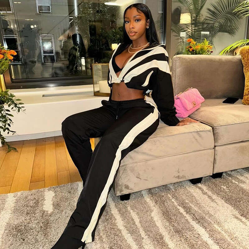 2025 Spring Patchwork Color Block Zipper Long Sleeve Short Jacket + High Waist Straight Pants Casual Fashion Two-Piece Set