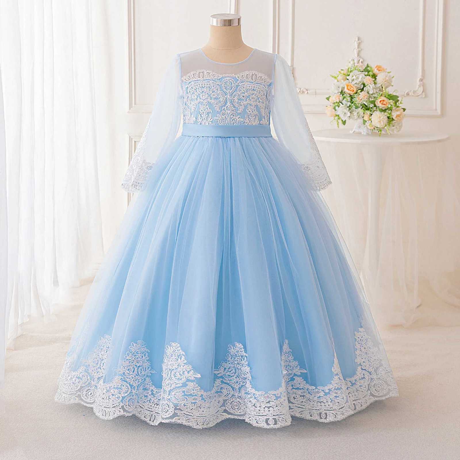 Sky Blue Princess Dress Long Sleeve Lace Embroidery Design High-End Elegant Dress Pastoral Style Girl Dress Z250904