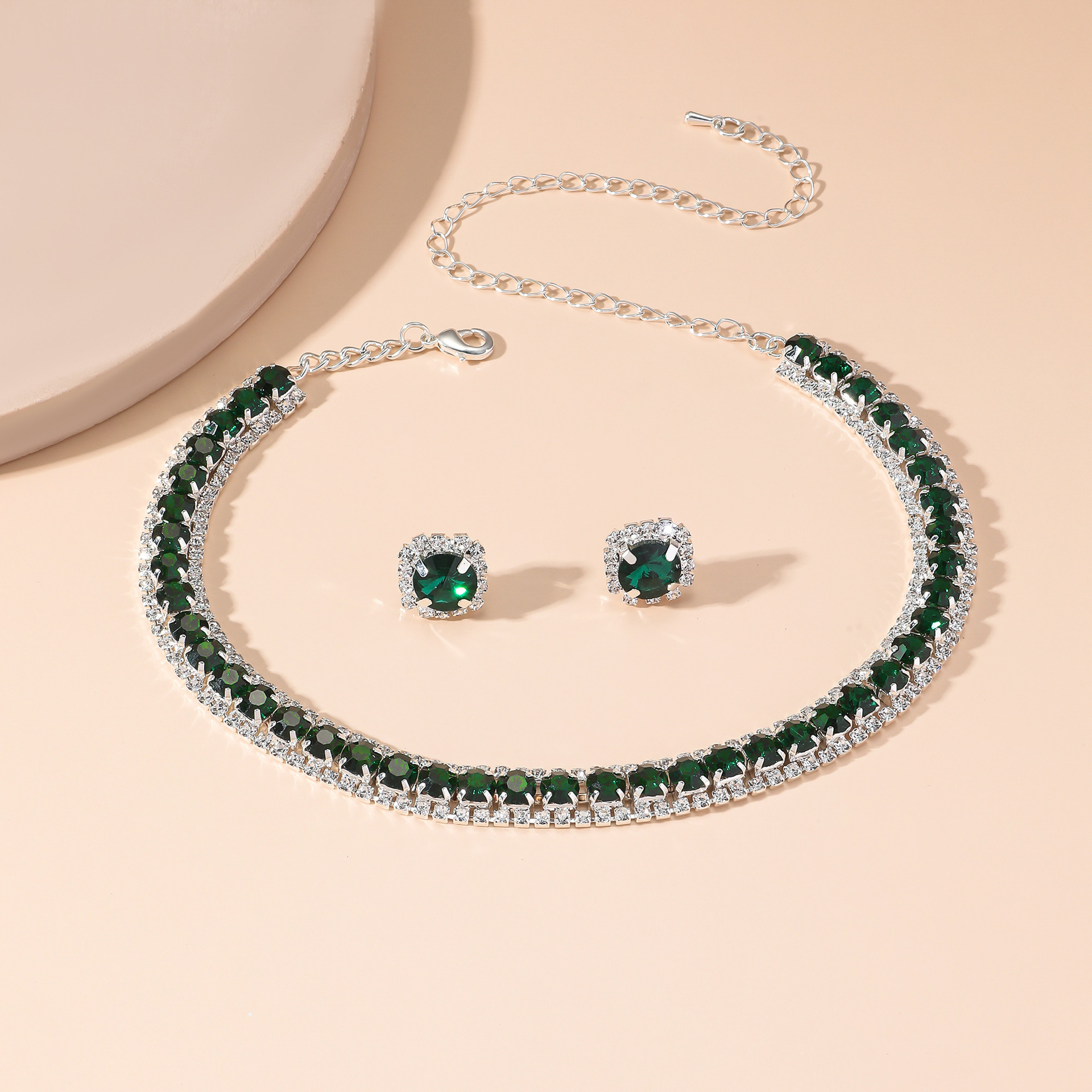 Luxury Necklace Earrings Sets Green Crystal Necklace Women Weddings Bride Jewelry Accessories Pop green blue diamond necklace earring 2 piece set Desi