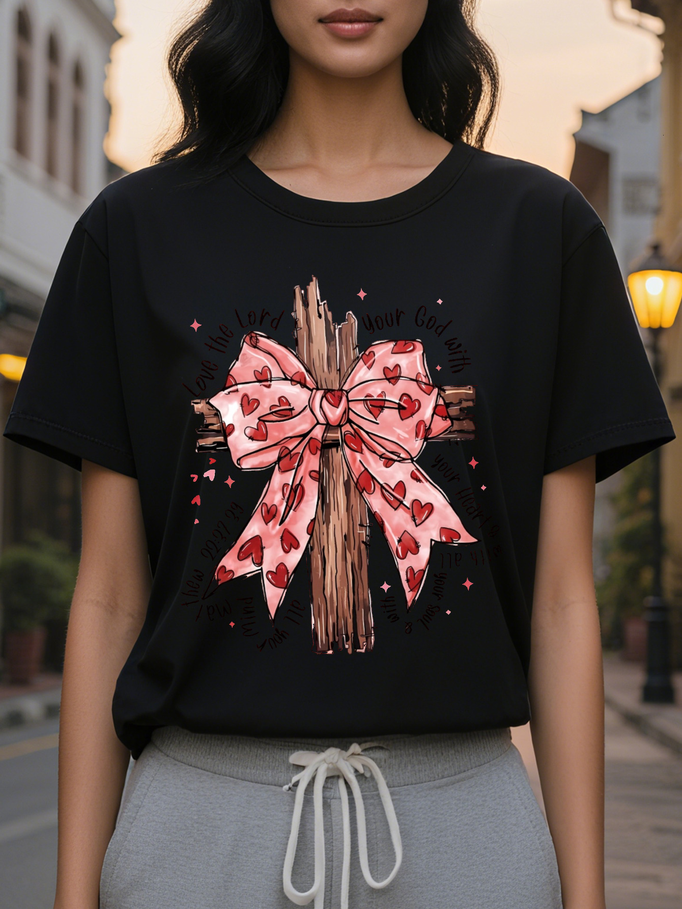 Large XL Religious Faith Women's Short Sleeve T-Shirt Love Jesus Bowtie Bible Verse Best Gift for Her SpringSummer Fit Round Plus size