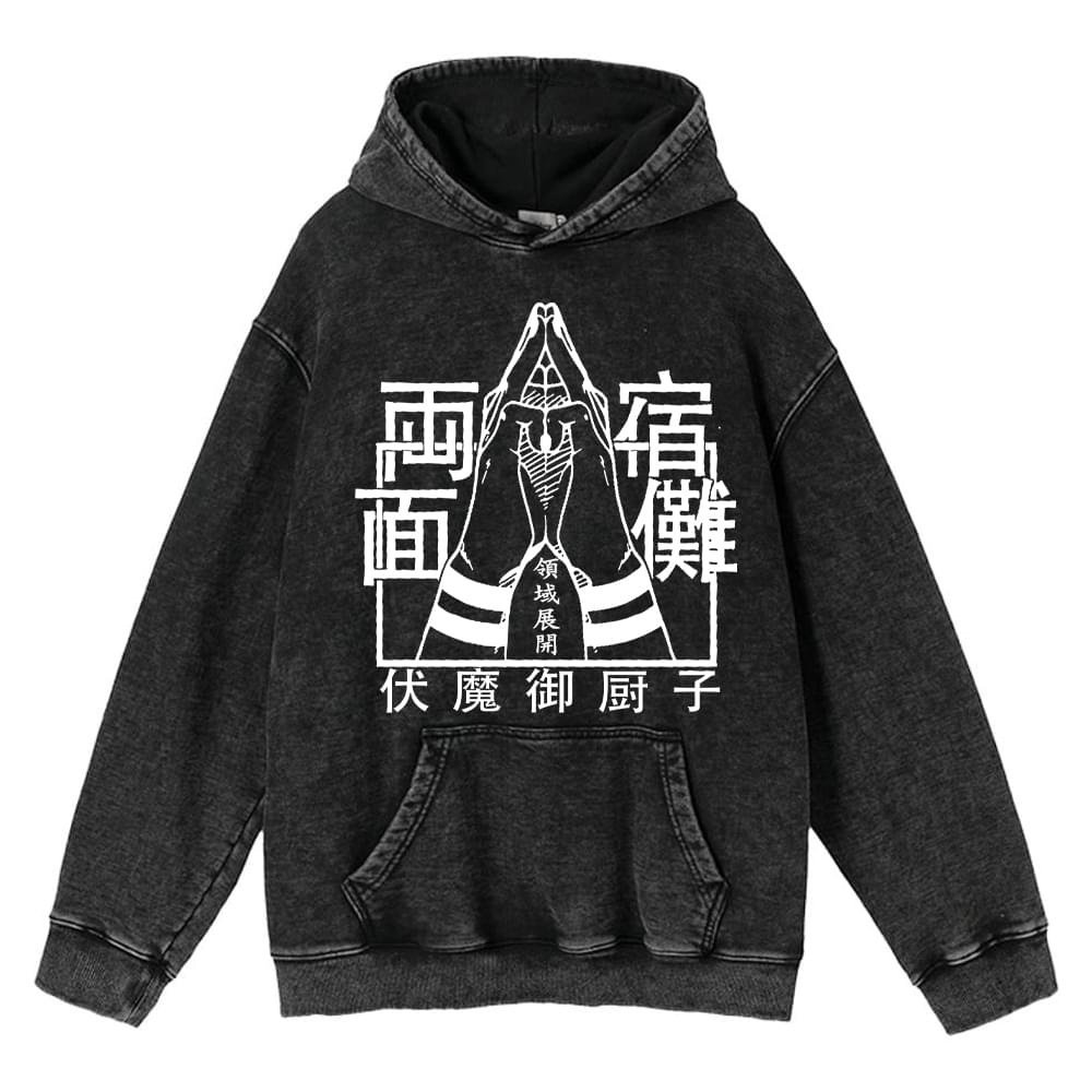 440g Heavyweight Cotton Pre-Washed Distressed Jujutsu Kaisen Satoru Gojo Anime Street Retro Streetwear Hoodie - TT8318