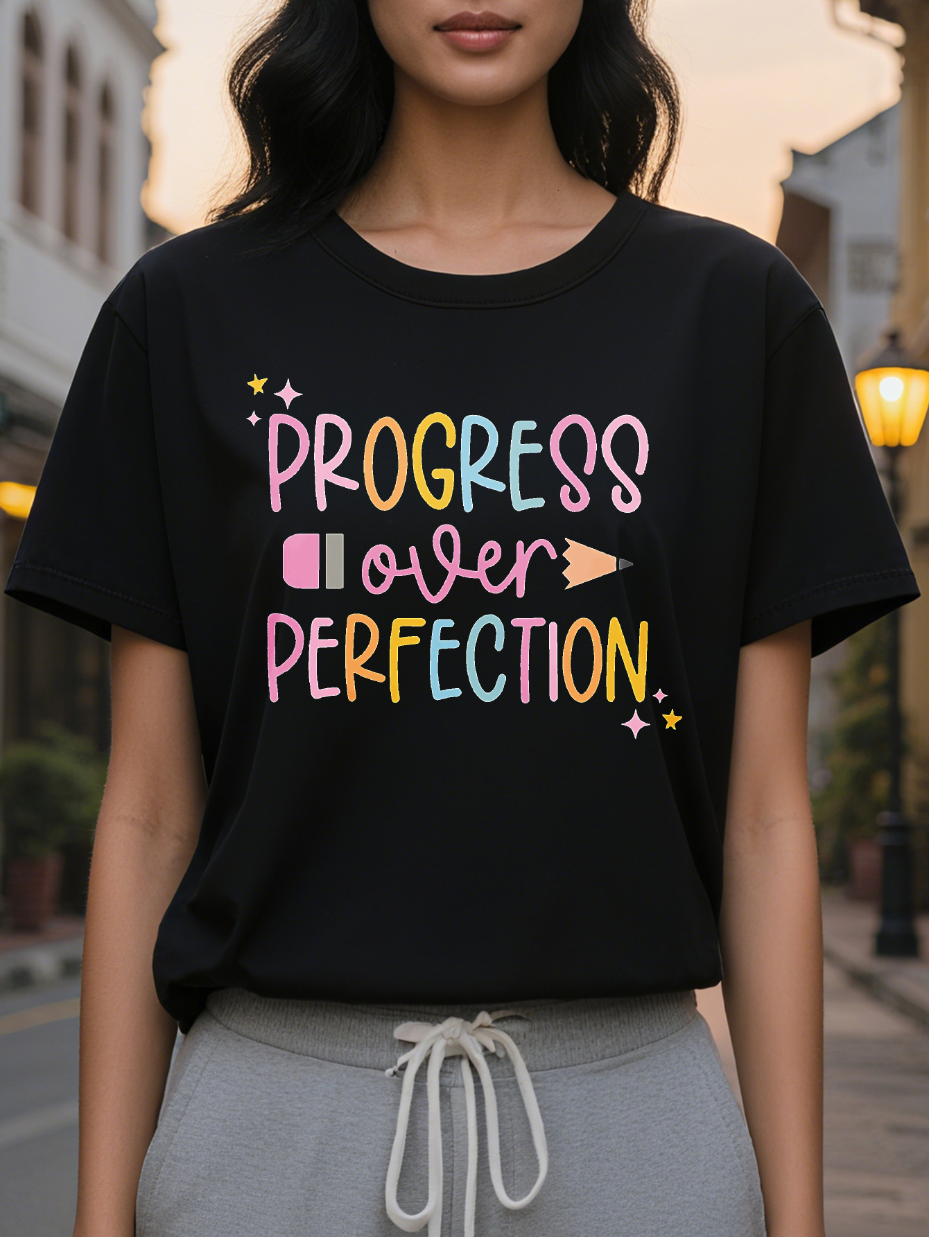 Large XL Women S Casual Crew Neck T-Shirt with Progress Over Perfection Graphic Cotton Knit Fabric Regular Length All Season Plus Size