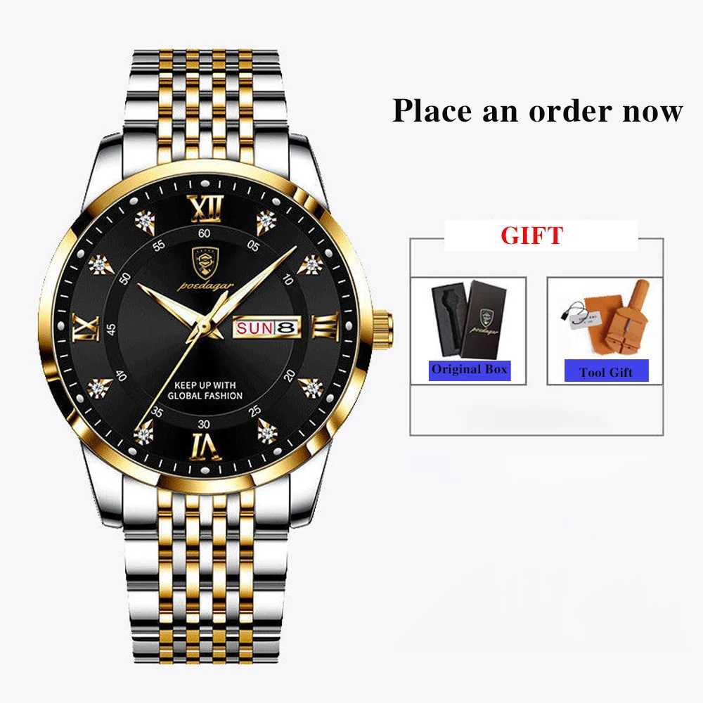 POEDAGAR Men Watches Stainless Steel Push Button Hidden Clasp Week Date Waterproof Luminous Top Brand Luxury Quartz Wristwatch X250904