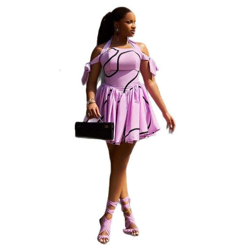 2025 Summer New Fashionable Women's Clothing from Europe and America: Elegant Halter Neck Printed Tie Off-Shoulder High-Waisted Pleated Dress