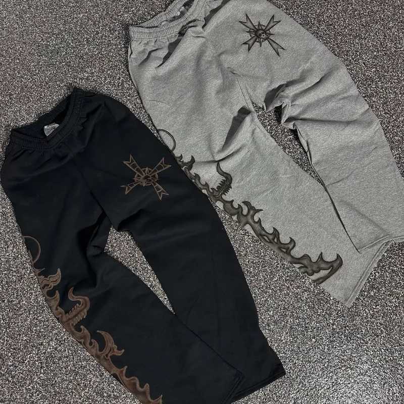 Harajuku retro fashion personality print design casual men pants Gothic trend sweatpants hip hop new loose straight pantsXJ250904