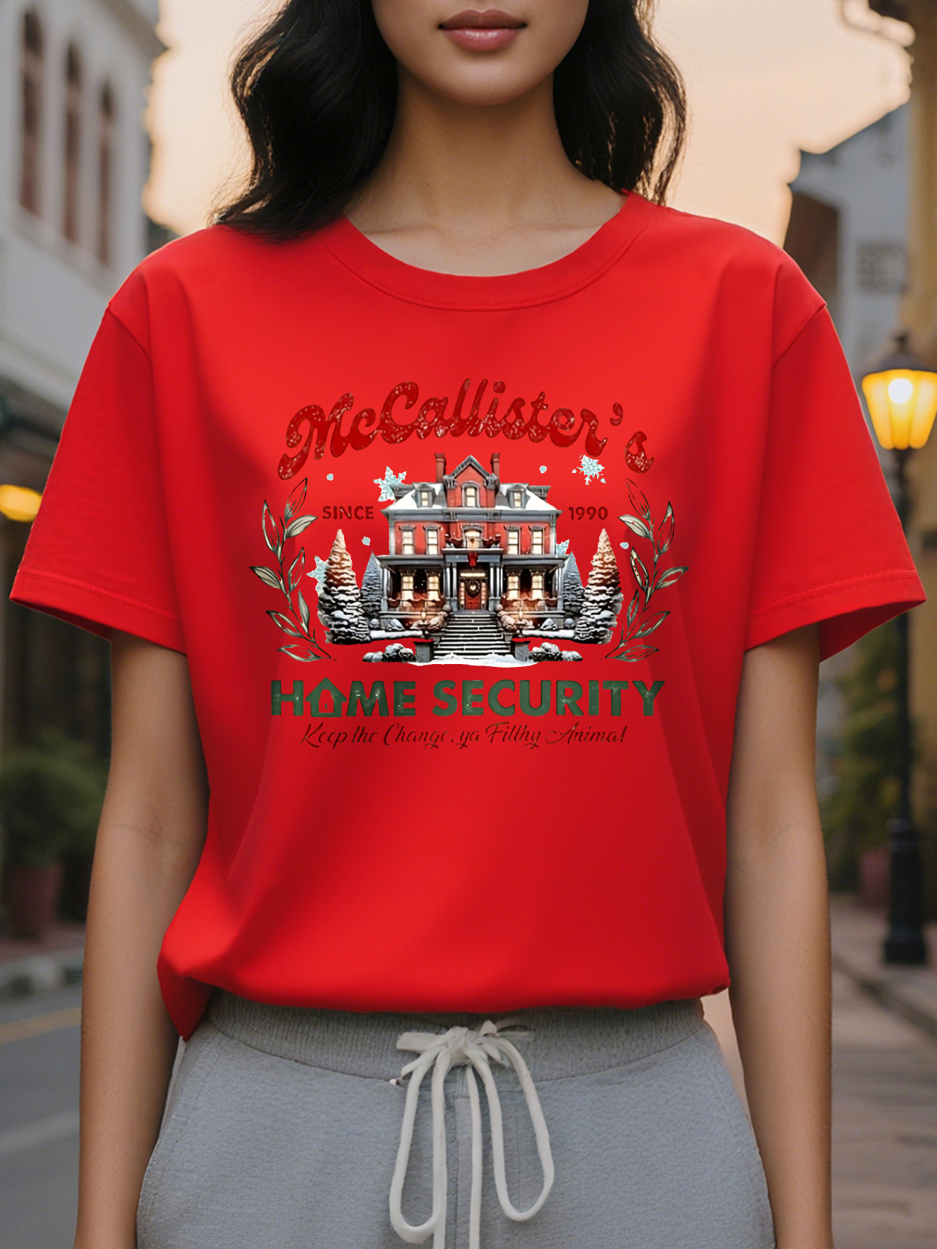 Women Cozy Crew Neck with Festive McCallister S Home Security Graphic Beige Holiday Themed Design Allseason