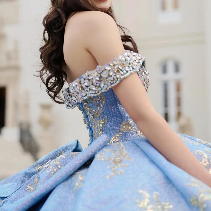 Sky Blue Shiny Quinceanera Dresses Ball Gown Off The Shoulder Applique Lace Beading Crystal Bow Tull Party Sweet 16 Dress Vestidos 15 De Anos